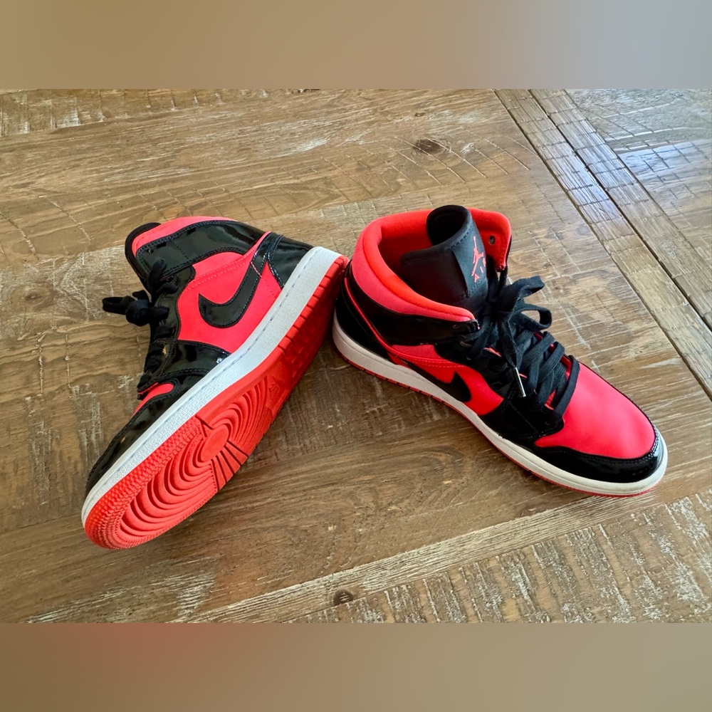 Women’s Nike Air Jordan 1 Mid "Hot Punch” Red and Black Tennis Shoes, Size 9